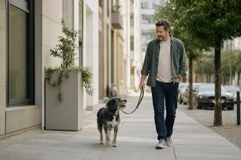 Ein Nurse Maid Hund läuft entspannt an der Leine mit seinem Besitzer durch eine saubere moderne Stadtstraße.