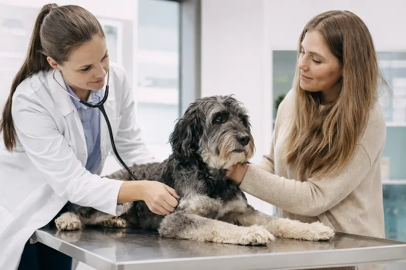 Ein ruhiger Nurse Maid Hund wird von einer freundlichen Tierärztin auf einem Untersuchungstisch mit einem Stethoskop untersucht.
