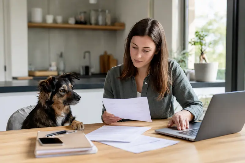Ein ruhiger Hund sitzt neben seinem Besitzer am Küchentisch mit Versicherungsunterlagen und Laptop zur Hundeversicherung.