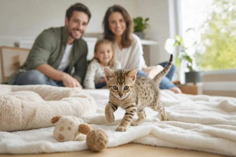 Ein neugieriges Ocicat-Kitten erkundet sein neues Zuhause mit Spielzeug und Familie im Hintergrund.