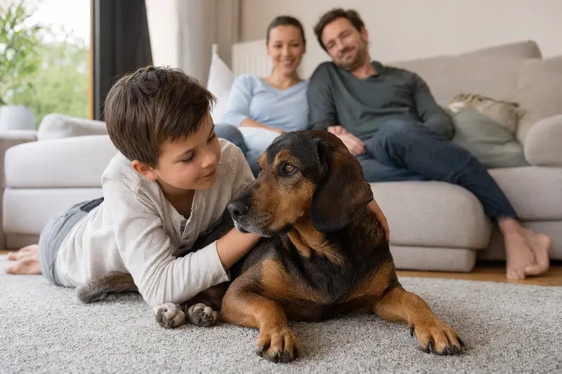 Eine freundliche Österreichische Dachsbracke liegt entspannt neben einem Kind im hellen Wohnzimmer, während die Eltern im Hintergrund eine sichere Familienatmosphäre schaffen.