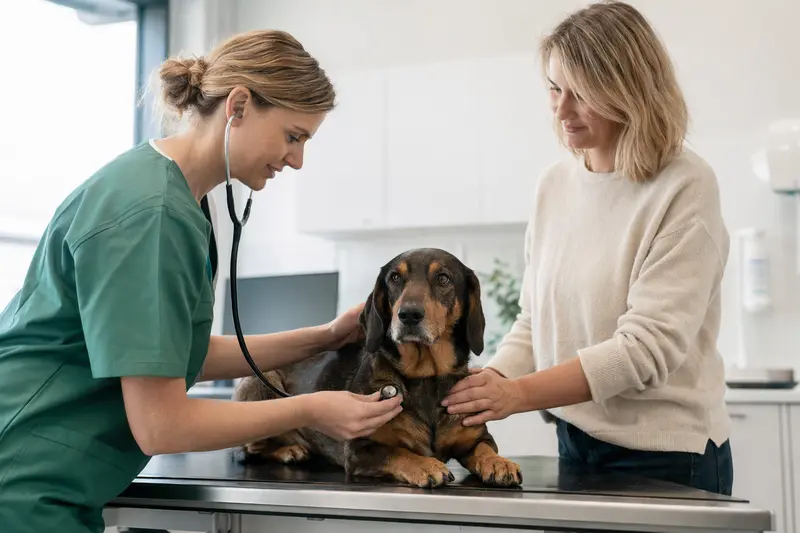 Ein ruhiger Österreichische Dachsbracke Hund wird von einer freundlichen Tierärztin mit einem Stethoskop in einer modernen Tierarztpraxis untersucht.