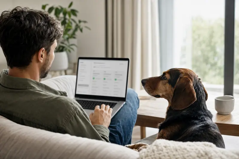 Ein Besitzer entspannt mit seinem Österreichischen Dachsbracke Hund auf dem Sofa und vergleicht online Tierkrankenversicherungen.