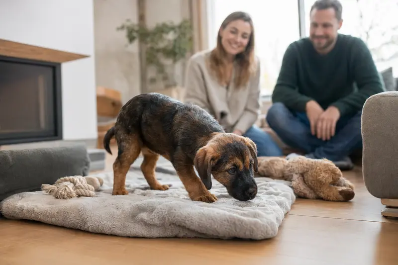 Ein neugieriger Österreichische Dachsbracke Welpe erkundet seine neue Wohnung mit Spielzeug und einer weichen Decke.