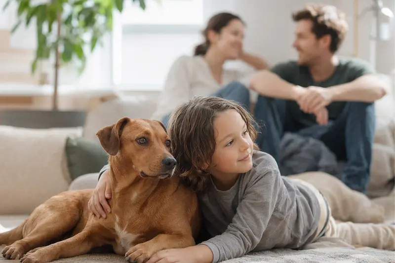 Ein Österreichischer Kurzhaarpinscher liegt entspannt neben einem Kind im Wohnzimmer, während die Eltern im Hintergrund eine sichere Familienatmosphäre schaffen.