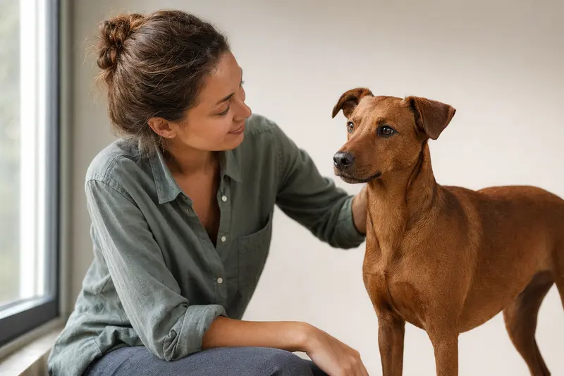 Ein aufmerksamer Österreichischer Kurzhaarpinscher steht in natürlicher Haltung vor hellem Hintergrund.