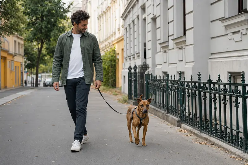 Ein Österreichischer Kurzhaarpinscher läuft an der Leine mit seinem Besitzer durch eine moderne Stadtstraße im Alltag.