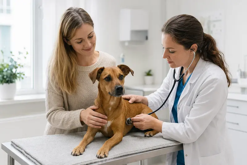 Eine Tierärztin untersucht einen ruhigen Österreichischen Kurzhaarpinscher behutsam mit dem Stethoskop in einer modernen Tierarztpraxis, während der Besitzer beruhigend daneben steht.