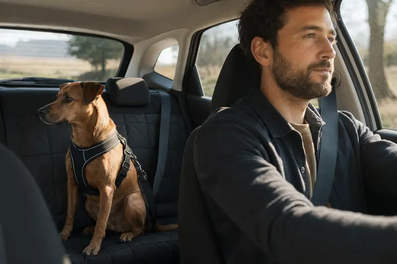 Ein Österreichischer Kurzhaarpinscher sitzt sicher angeschnallt auf der Rückbank eines Autos, während der Besitzer ruhig fährt.