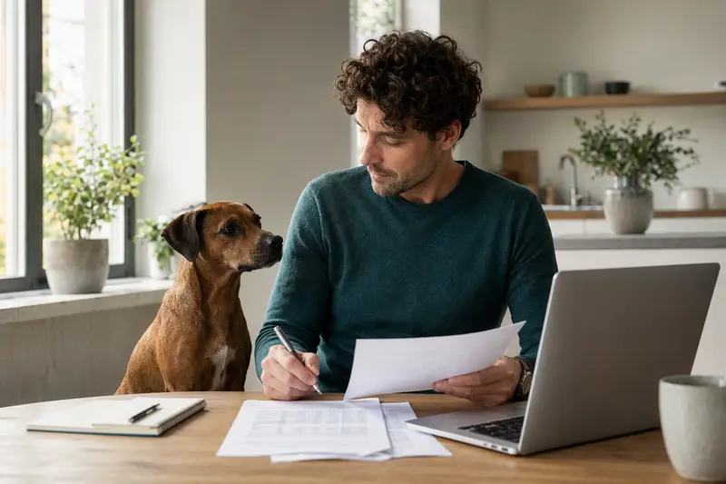 Ein Österreichischer Kurzhaarpinscher sitzt ruhig neben seinem Besitzer am Küchentisch mit Versicherungsunterlagen und Laptop.