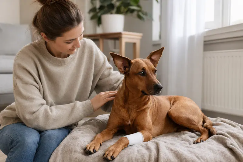 Österreichischer Kurzhaarpinscher mit leichtem Verband an der Pfote liegt ruhig auf einer Decke, während sein Besitzer erleichtert neben ihm sitzt.