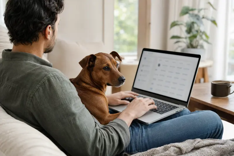 Ein Hundebesitzer mit einem Österreichischen Kurzhaarpinscher sitzt auf dem Sofa und vergleicht Tierkrankenversicherungen am Laptop.