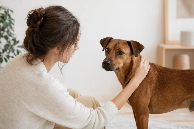 Ein aufmerksamer Österreichischer Pinscher steht in natürlicher Haltung vor hellem Hintergrund.