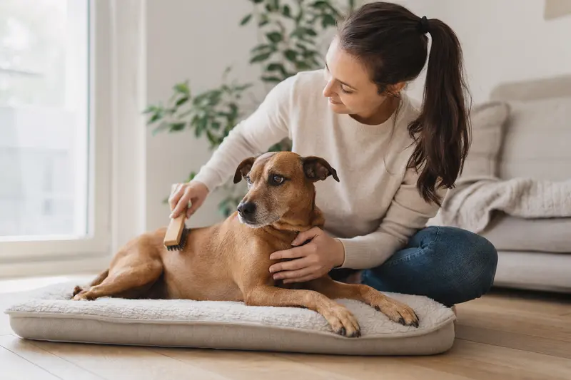 Ein Österreichischer Pinscher wird in einer hellen Wohnung sanft gebürstet, während sein Besitzer liebevoll die Fellpflege übernimmt.