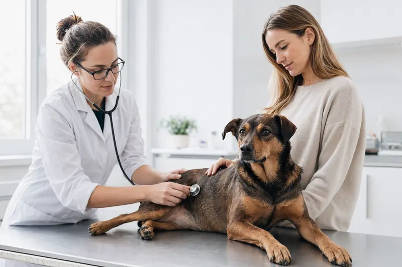 Ein Österreichischer Pinscher wird von einer Tierärztin auf einem Untersuchungstisch in einer modernen Tierarztpraxis untersucht.