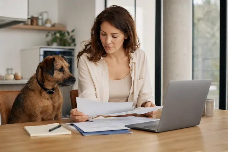 Ein Österreichischer Pinscher sitzt ruhig neben seinem Besitzer am Küchentisch mit Versicherungsunterlagen und Laptop.