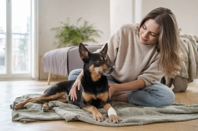 Ein Österreichischer Pinscher liegt mit leicht verbundenen Pfote ruhig auf einer Decke, während sein Besitzer neben ihm sitzt und erleichtert wirkt.