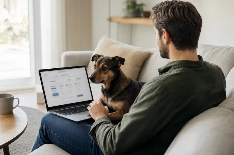 Ein Hundebesitzer arbeitet am Laptop auf dem Sofa, während sein Österreichischer Pinscher neben ihm sitzt und eine Versicherungsvergleichsseite im Hintergrund angezeigt wird.