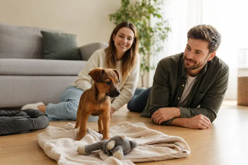 Ein neugieriger Österreichischer Pinscher Welpe erkundet seine liebevolle Familie in einer hellen Wohnung.