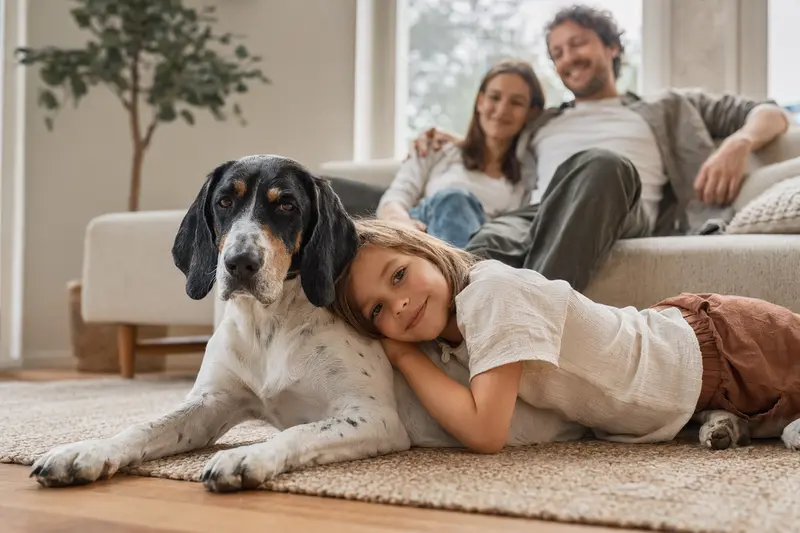 Ein freundlicher Ogar Polski Hund liegt entspannt neben einem Kind im hellen Wohnzimmer einer sicheren Familie.