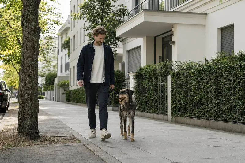 Ein Ogar Polski Hund läuft entspannt an der Leine mit seinem Besitzer durch eine moderne Stadtstraße.