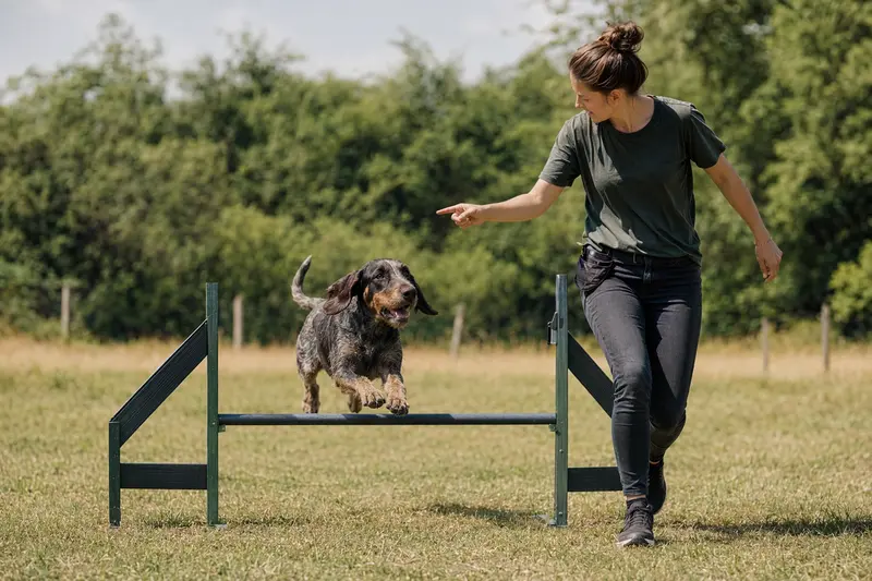 Ein Ogar Polski trainiert mit seinem Besitzer über eine kleine Hürde auf dem Hundeplatz und zeigt dabei Freude an Bewegung und sportlichem Training.