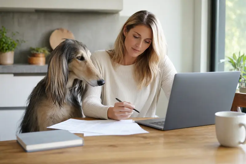 Ein Ogar Polski sitzt ruhig neben seinem Besitzer am Küchentisch, während Versicherungsunterlagen und ein Laptop mit einer neutralen Vergleichsseite auf eine Hundekrankenversicherung hinweisen.