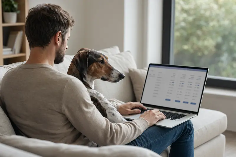 Ein Hundebesitzer arbeitet entspannt mit seinem Laptop auf dem Sofa, während ein Ogar Polski neben ihm sitzt.