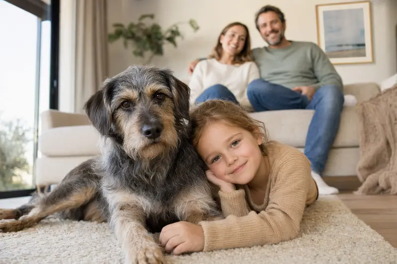 Ein freundlicher Ohar Hund liegt entspannt neben einem Kind im Wohnzimmer, während Eltern im Hintergrund eine sichere Familienatmosphäre schaffen.