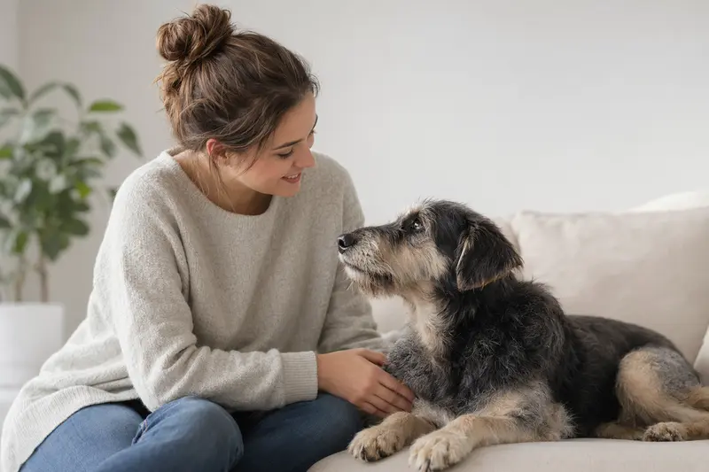 Ein aufmerksamer Ohar Hund steht in natürlicher Haltung vor hellem Hintergrund und wird als realistisches Hundeportrait gezeigt.