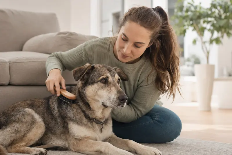 Ein Ohar Hund wird zuhause liebevoll gebürstet, was die regelmäßige Fellpflege und verantwortungsvolle Hundegesundheit im Alltag zeigt.