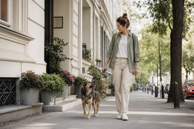 Ein Ohar Hund läuft an der Leine mit seinem Besitzer durch eine freundliche moderne Stadtstraße.