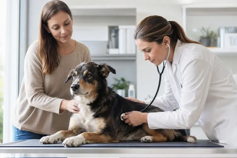 Ein ruhiger Ohar Hund wird von einer freundlichen Tierärztin mit einem Stethoskop in einer modernen Praxis untersucht, während sein Besitzer beruhigend danebensteht.