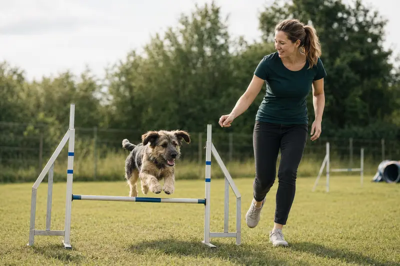 Ein aktiver Ohar Hund springt mit seinem Besitzer über eine kleine Trainingshürde auf dem Hundeplatz.