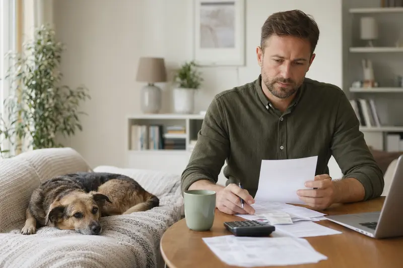 Ein Hundebesitzer sitzt ruhig am Tisch mit einer Tierarztrechnung, während sein entspannter Hund auf einer Decke daneben liegt, passend zum Thema Hundekrankenversicherung.