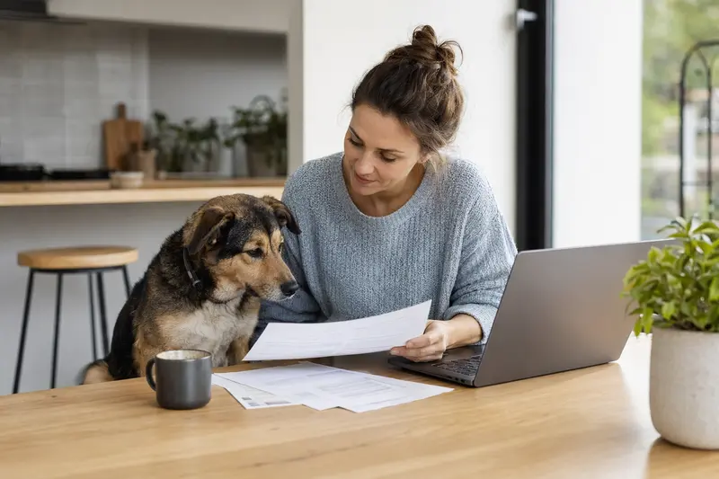 Ein ruhiger Ohar Hund sitzt neben seinem Besitzer am Küchentisch, während Versicherungsunterlagen und ein Laptop mit einer Vergleichsseite für eine Hundeversicherung vor ihm liegen.