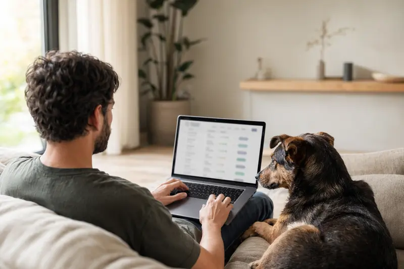 Ein Hundebesitzer arbeitet am Laptop auf dem Sofa und vergleicht Tierversicherungen, während sein Hund neben ihm sitzt.