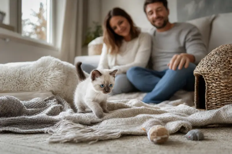 Neugieriges Ojos Azules Kitten erkundet sein neues Zuhause mit Spielzeug und einer weichen Decke.