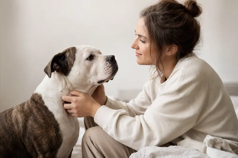 Ein Old Country Bulldog steht aufmerksam vor hellem Hintergrund in natürlicher Haltung als realistisches Portrait eines gesunden Hundes.