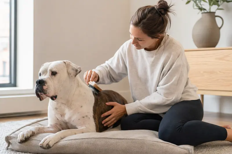 Ein Old Country Bulldog wird in einer hellen Wohnung liebevoll gebürstet und gepflegt.