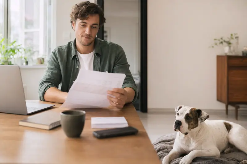 Ein Hundehalter sitzt mit einer Tierarztrechnung am Tisch, während ein entspannter Old Country Bulldog auf einer Decke liegt und das Thema Tierarztkosten und Hundekrankenversicherung ruhig widerspiegelt.