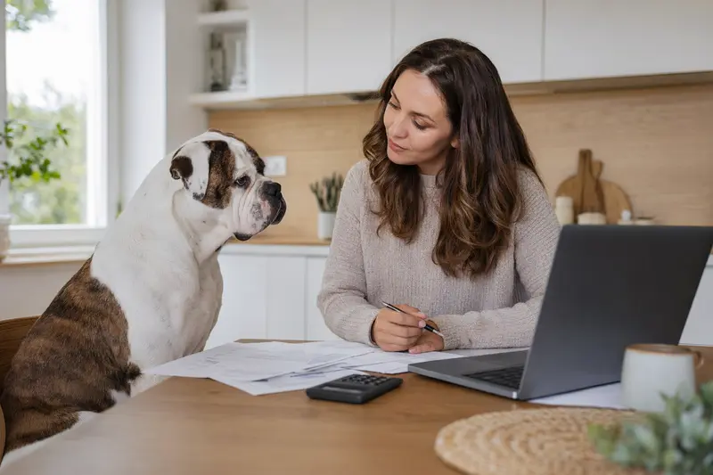Ein Old Country Bulldog sitzt ruhig neben seinem Besitzer am Küchentisch, während Versicherungsunterlagen und ein Laptop mit einer neutralen Vergleichsseite auf die Hundekrankenversicherung hinweisen.