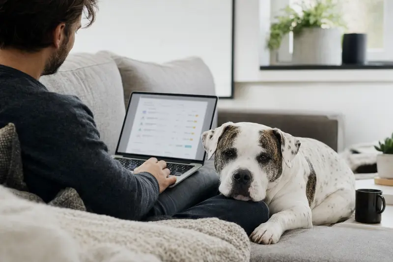 Ein Hundebesitzer arbeitet am Laptop auf dem Sofa mit einem Old Country Bulldog neben sich in einer hellen Wohnung.