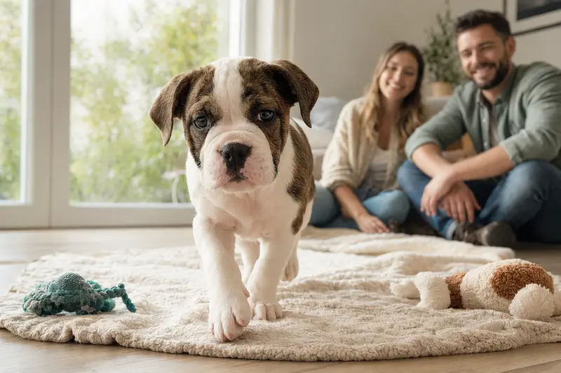 Ein neugieriger Old Country Bulldog Welpe erkundet sein neues Zuhause mit einer liebevollen Familie im Hintergrund.