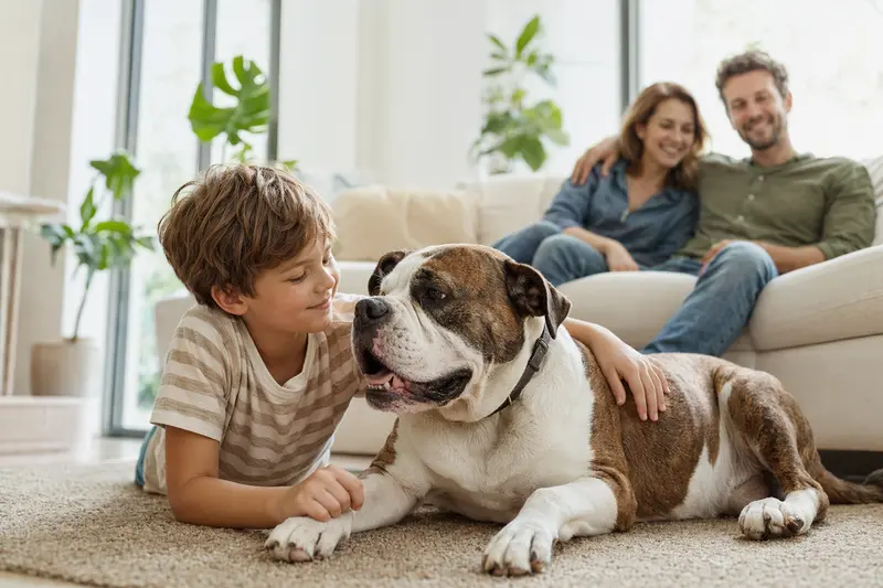 Ein freundlicher Old English Bulldog liegt entspannt neben einem Kind im hellen Wohnzimmer, während die Eltern im Hintergrund eine sichere Familienatmosphäre schaffen.
