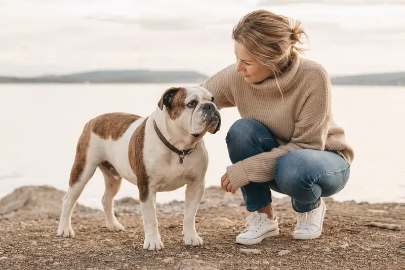 Ein aufmerksamer Old English Bulldog Hund steht in natürlicher Haltung vor hellem Hintergrund, als realistisches Tierporträt mit klaren Details und weichem Licht.