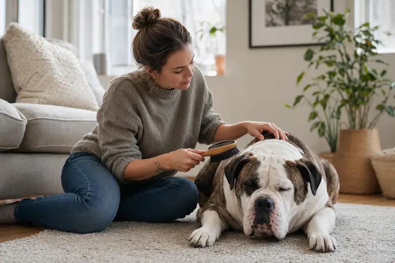 Ein Old English Bulldog wird in einer hellen Wohnung liebevoll gebürstet, während der Besitzer die Fellpflege aufmerksam übernimmt.