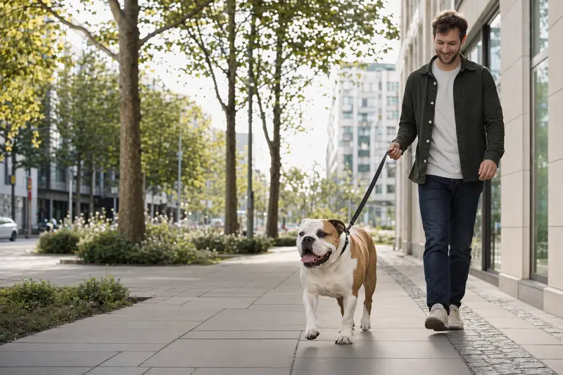Ein Old English Bulldog läuft an der Leine mit seinem Besitzer durch eine freundliche moderne Stadtstraße.