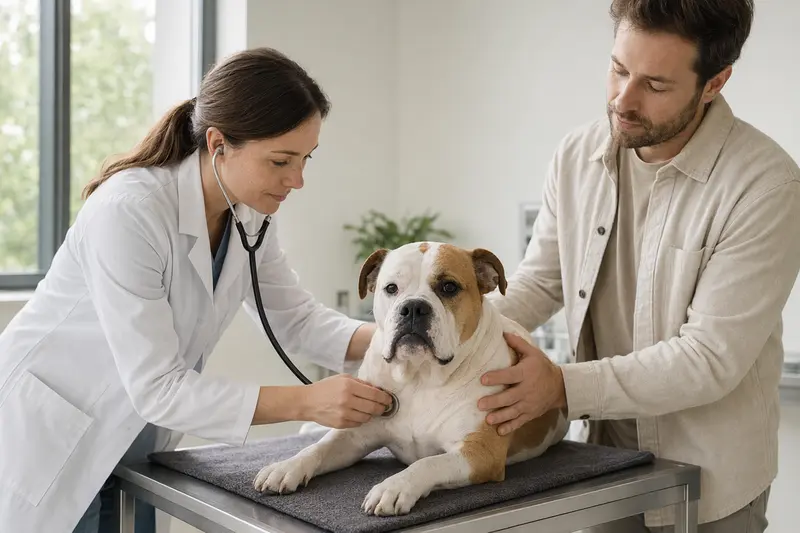 Eine Tierärztin untersucht einen ruhigen Old English Bulldog mit dem Stethoskop, während der Besitzer in der modernen Tierarztpraxis beruhigend danebensteht.