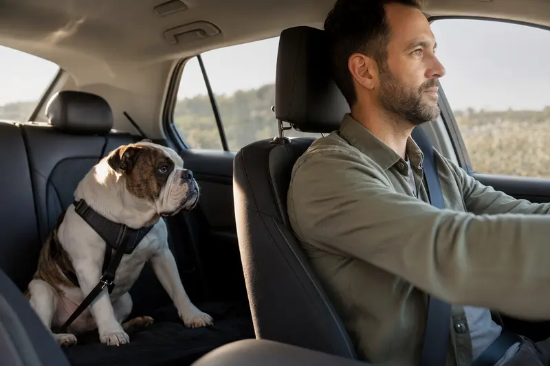 Ein Old English Bulldog sitzt sicher angeschnallt auf der Rückbank eines Autos, während der Besitzer ruhig fährt.
